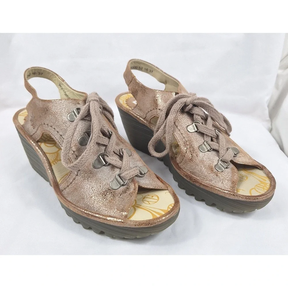 Fly London Yala Rose Gold Metallic Leather‎ Lace Up Wedge Sandals EU 37 US 6-6.5